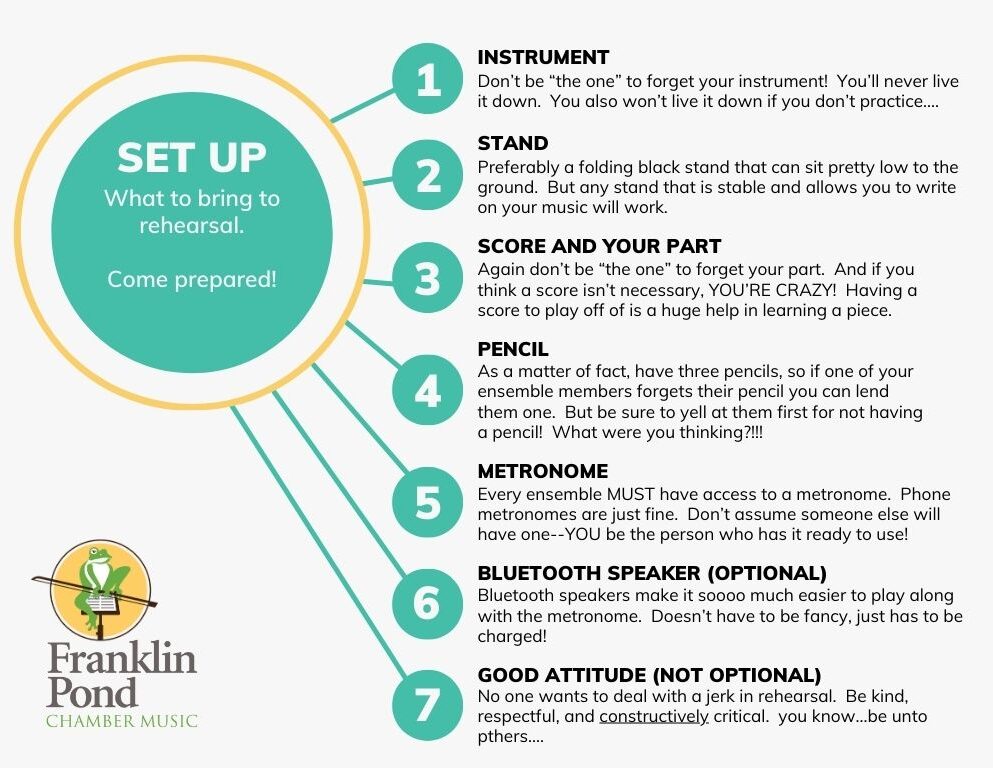 Set up What to bring to rehearsal. Come prepared! Instrument Stand Score and your part Pencil Metronome Bluetooth speaker (optional) Good attitude (not optional)